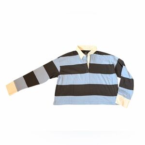 Aerie Blue & Grey Sporty Prep Stripe Cropped Rugby Polo Womens Sz Medium NWT